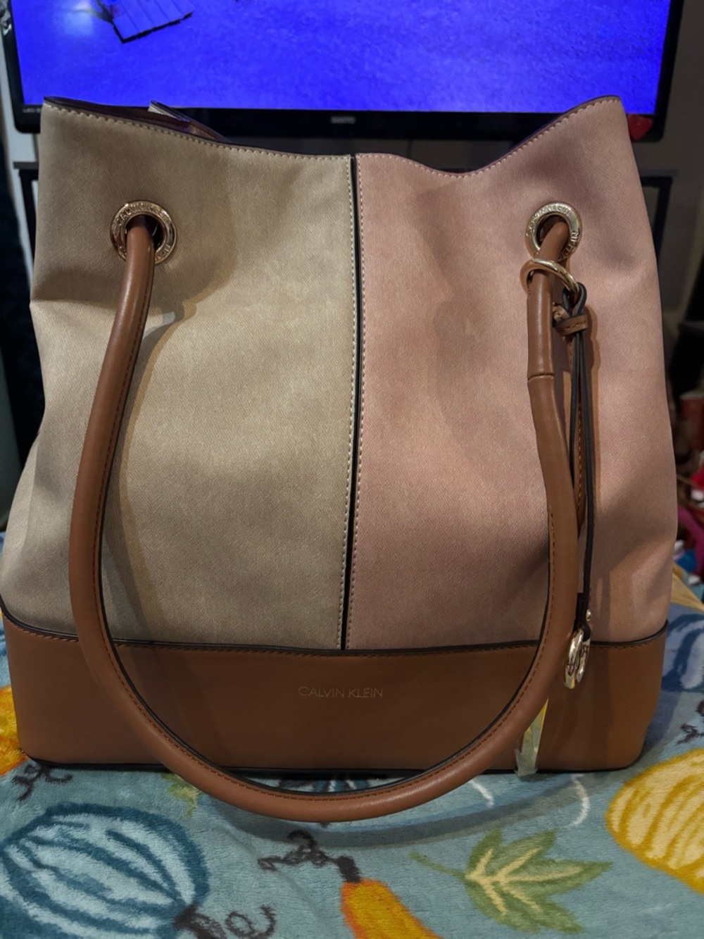 Calvin Klein Two-Tone Pink & Beige Shoulder Tote with Brown Trim